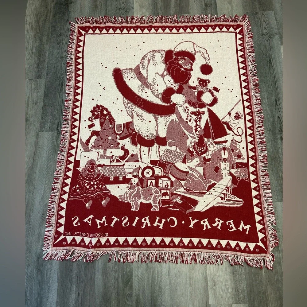 CROWN CRAFT Merry Christmas Santa Throw Blanket Vintage Fringed Red Ivory‎ 46x58
